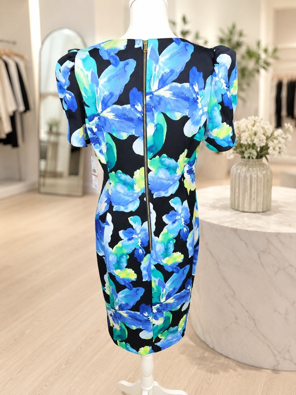 NWT DKNY Blue Floral Puff Sleeve Sheath Dress Size 12 - Picture 3 of 8